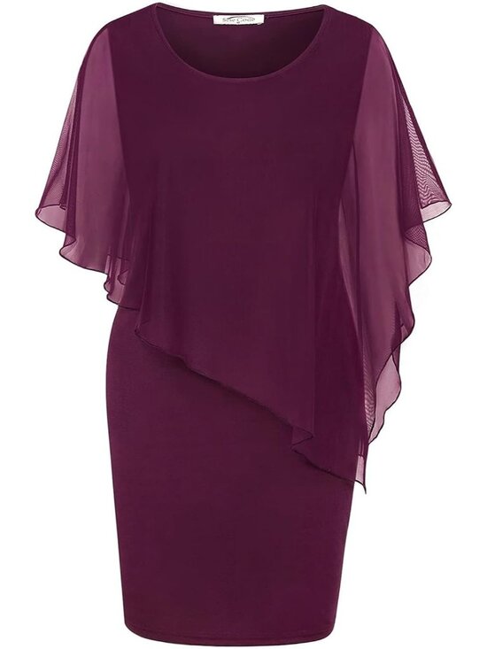 Dresses & Skirts - Women's Pink Purple Mesh Cape Overlay Bodycon Knee For Wedding Guest Dresses